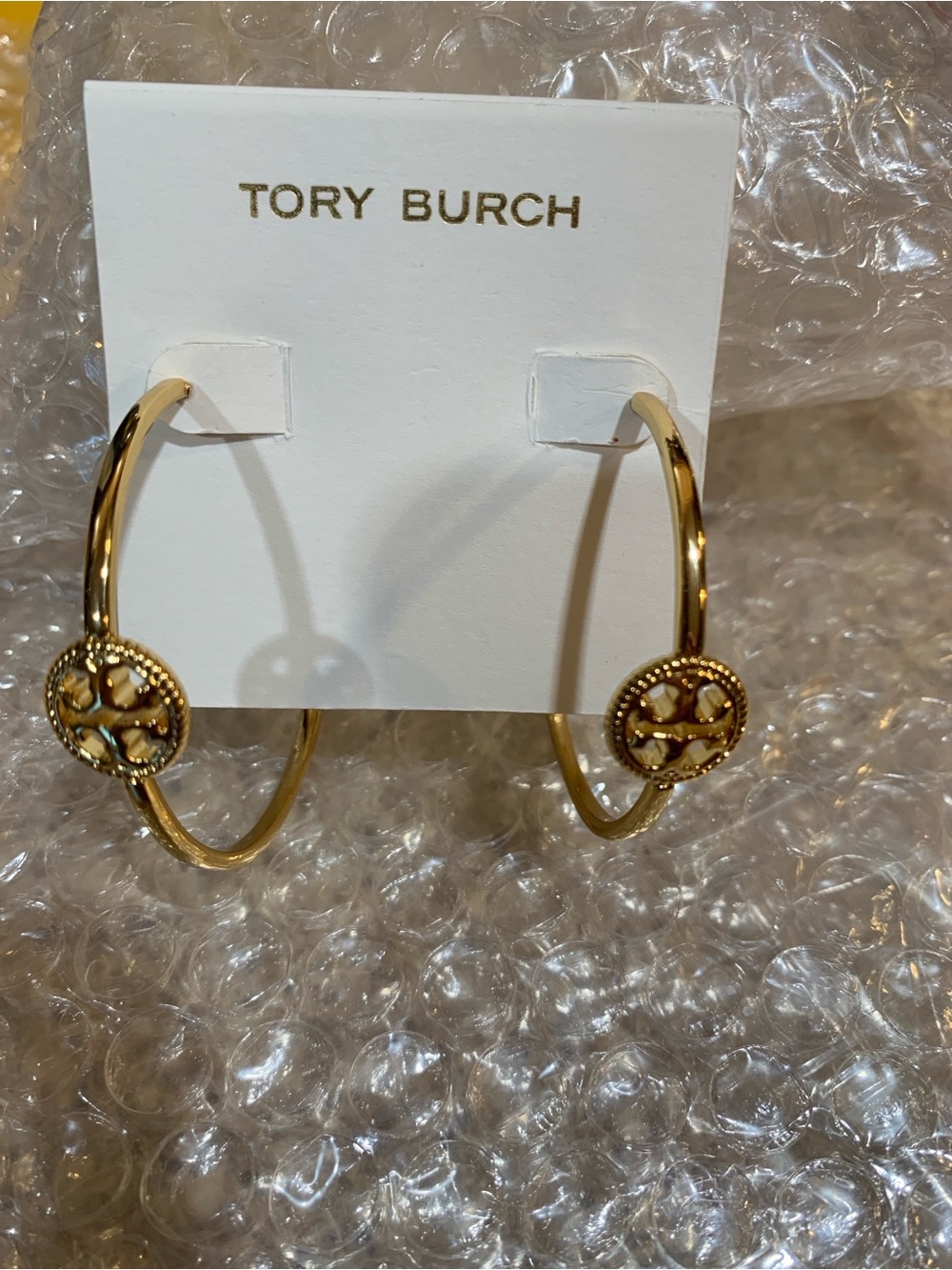 Tory Burch Gold Logo Hoop Earrings